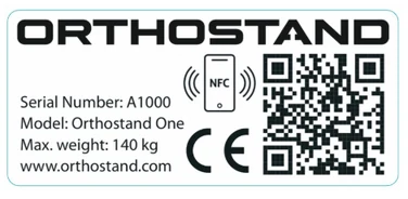 Example of the Orthostand machine plate with serial number, model, maximum weight, CE mark, NFC symbol and QR code