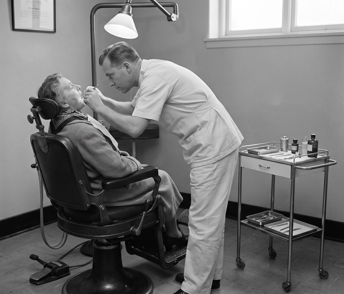 A mid twentieth century dentist standing and bending forward over his patient.