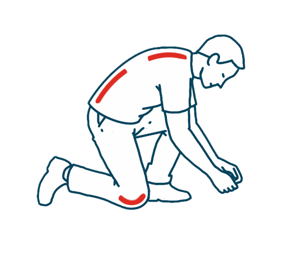 A specialist kneeling and bent forward, with the load points marked on the neck, shoulders, lower back and knee