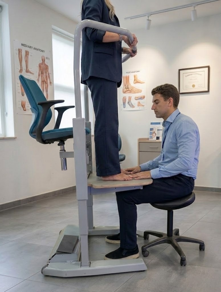 A client standing on the raised Orthostand lift while the specialist sits upright with his knees under the footplate.