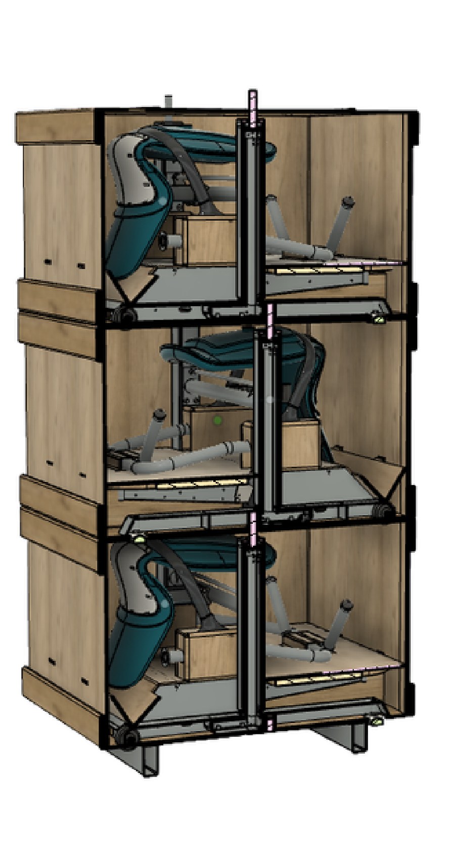 Schnittansicht des Orthostand 3-Packs: drei ineinander gestapelte Orthostands im klebebandfreien Karton auf einer Stahlpalette