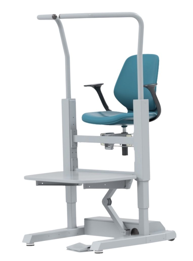The Orthostand M30 — grey height-adjustable frame with teal chair, platform and foot switch