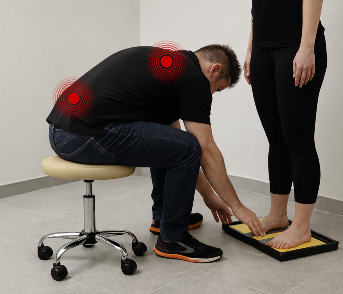A specialist bent forward on a stool, reaching down to a standing client's foot — the back and shoulders under strain and the head held far forward