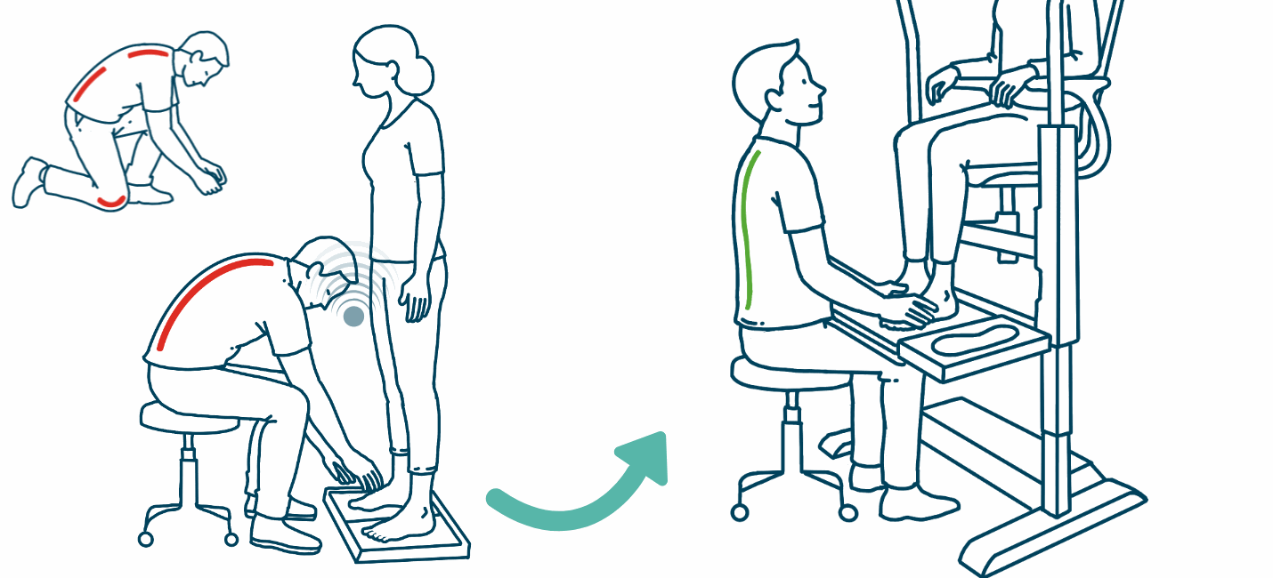 From kneeling and bending low on the floor to working upright at the Orthostand — the same specialist, a natural posture