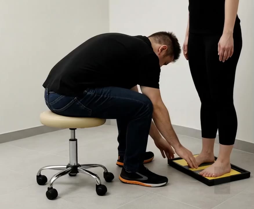 A specialist bent forward on a stool, reaching down to the foot of a client standing on the floor.